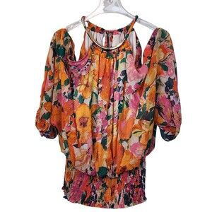 Sam and Jess Vibrant Floral Halter Cold Shoulder Smocked Waist Blouse NWT Size L